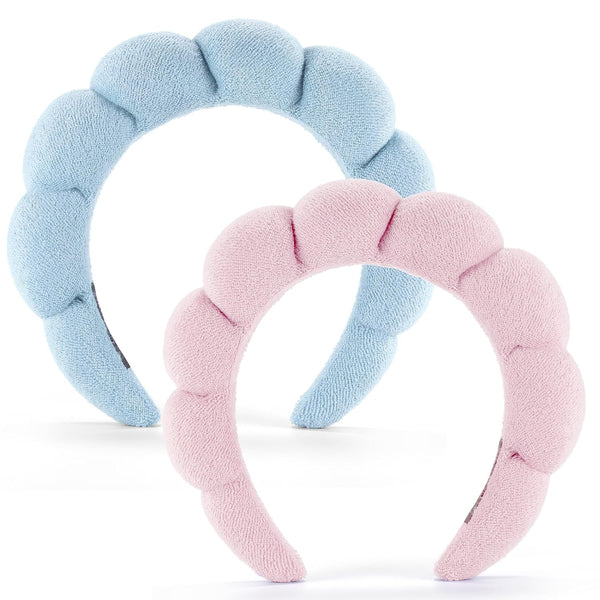 Spa Headbands Set of 2 for Washing Face, Terry Cloth Headband Combo Pack, Pink & Blue