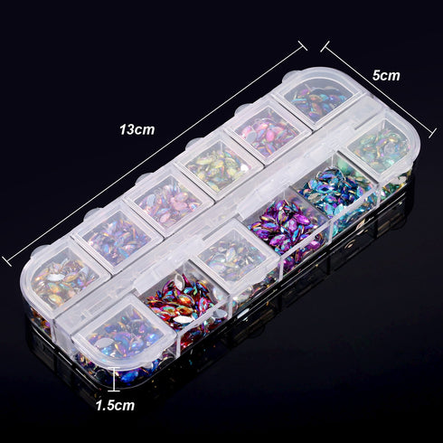 TecUnite 1200 Pieces 12 Colors Shiny Nail Rhinestones Flat Back Nail Gems Decorations with Box