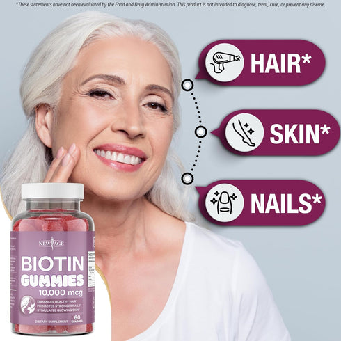 NEW AGE Biotin Gummies for Hair, Skin & Nails, 10,000 mcg, Non-GMO Supplement for Women and Men, 120 Count