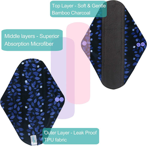 Leekalos Reusable Bamboo Cloth Pads, Light Incontinence Pads - Pack of 6 with 1 Small Wet Bag
