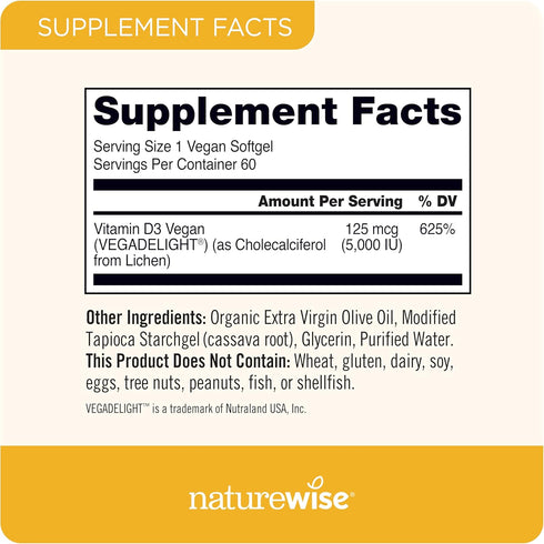 NatureWise Vitamin D3 5000iu (125 mcg) with Plant-Based Vitamin D3, 60 Softgels for Immune Health