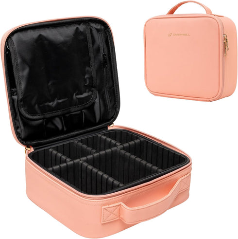 Makeup Bag Travel Organizer, Small Traincase with Adjustable Dividers for Beauty Artists, Not Made in China (Pink)