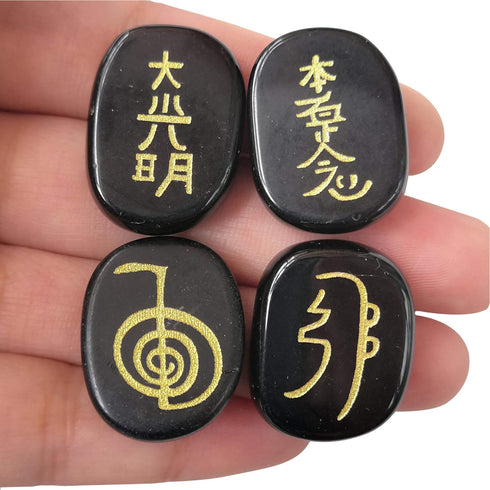 4 Pcs Black Obsidian Engraved Chakra Stones Healing Crystal Reiki Balancing Palm Stone - 25mm