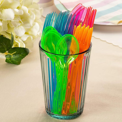 Juvale 216 Piece Rainbow Plastic Silverware Set, Neon Forks, Spoons, Knives for Parties