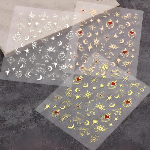 12 Sheets Star Nail Stickers, 3D Self-Adhesive Gold Silver Moon Heart Design for Nail Art Decoration Accessories