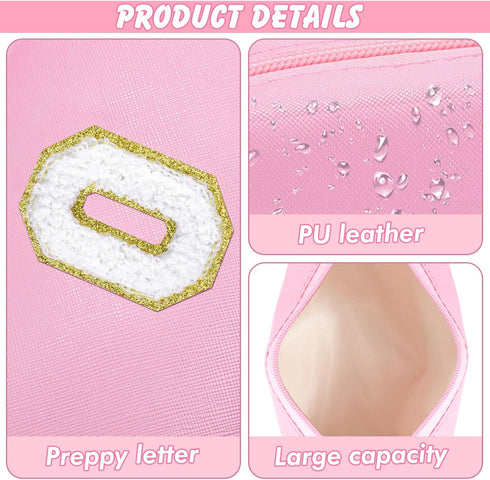 Personalized Initial Makeup Bag, Cute Pink Chenille Letter Cosmetic Pouch, Waterproof Zippered Toiletry Organizer for
