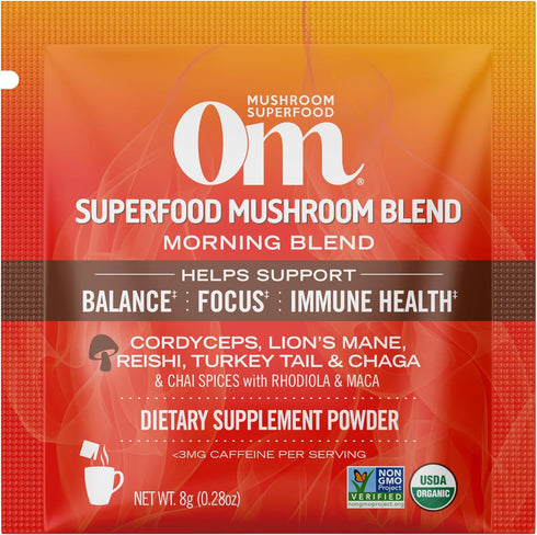 Om Mushroom Superfood Morning Energy Blend Drink, Single Serve, 10 Count - Coffee Free with Cordyceps, Vitamin D2