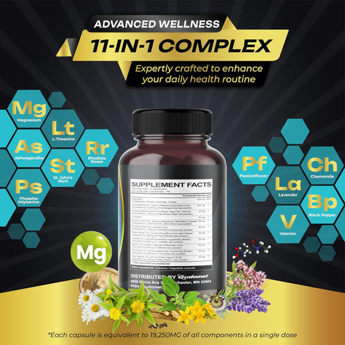 CORTISOL WELLNESS Magnesium Ashwagandha L-Theanine Phosphatidylserine Rhodiola Rosea Passionflower Lavender Chamomile -150 Capsules- Made in USA