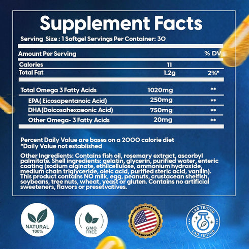 Omega 3 Fish Oil - Premium Burpless Supplement, Ultra Strength DHA & EPA, Natural Fish Oil Capsules