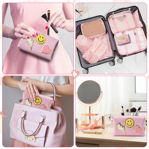 LieToi Pink Preppy Patch Small Toiletry Bag - Portable Waterproof Makeup Cosmetic Bag for Daily Use Travel Organizer
