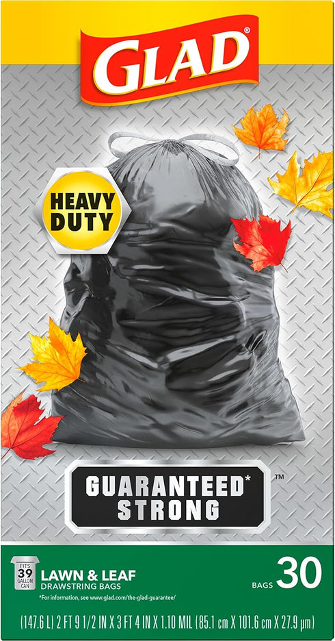 Glad Extra Large Drawstring Lawn and Leaf Bags, 39 Gallon, 30 Count