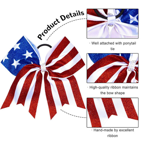 Whaline 4th of July Glitter Cheer Hair Bows - 8 Inch Patriotic Hair Accessories with Elastic Ponytail Holder, 4Pcs