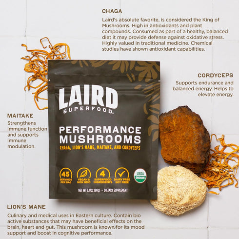 Laird Superfood Organic Performance Mushroom Blend, Chaga, Cordyceps, Lion's Mane, Maitake for Energy, 3.17 oz Bag