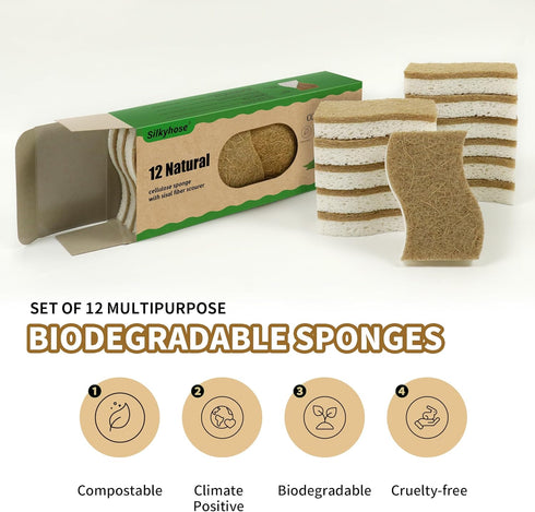 Biodegradable Natural Kitchen Sponge - 12 Pack Compostable Cellulose and Coconut Scrubber