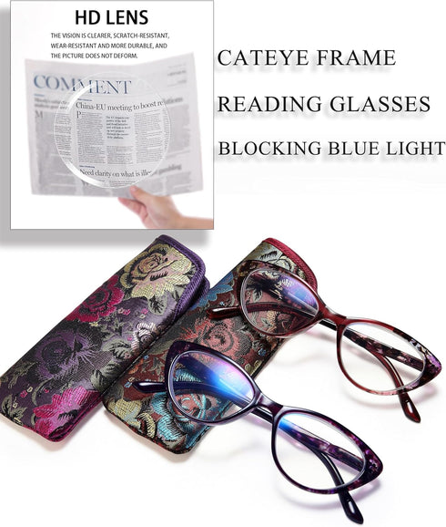 EYEURL Cat Eye Reading Glasses for Women, Set of 2 Blue Light Blocking Readers +1.75 Fashion Computer Eyeglass Spring