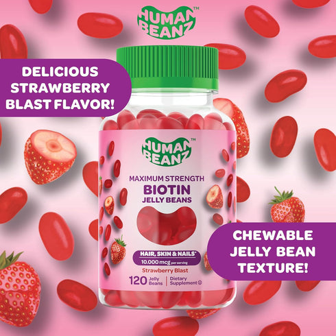 Biotin Jelly Bean Gummy Vitamins, Max Strength 10000mcg for Hair, Skin and Nails, 120 Strawberry Blast Jelly Beans,