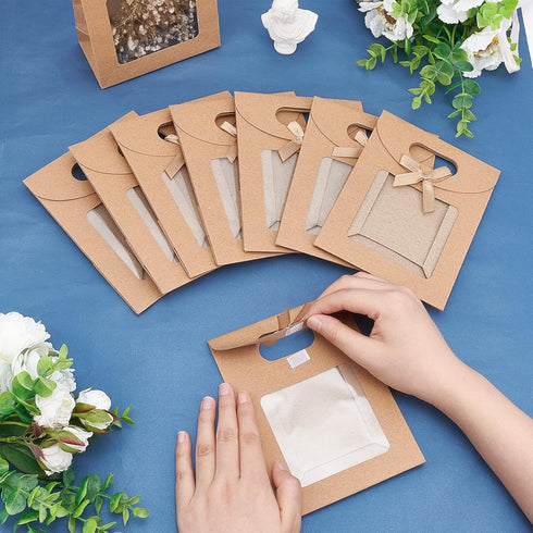 NBEADS 24 Pcs Kraft Paper Bags with Window, 4.7x2.4x6.2 Stand Up Gift Bags for Candy Cookies Packaging