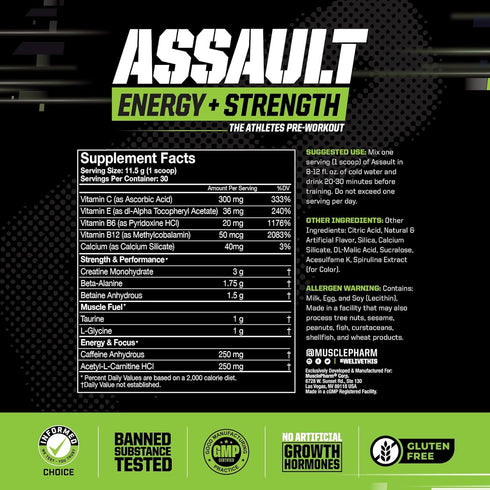 Muscle Pharm Assault Pre Workout Powder for Men & Women - Energy & Strength with Beta Alanine, 30 Servings, Blue