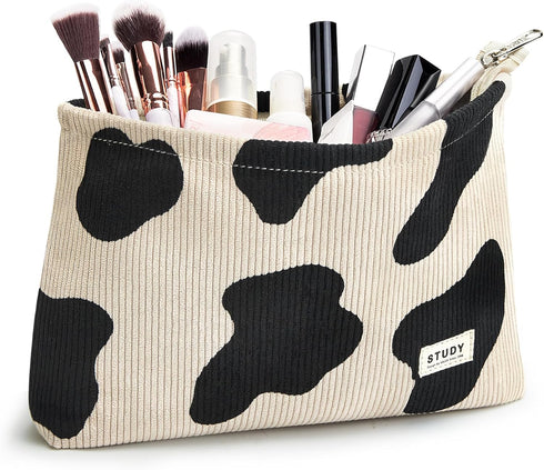 WLLWOO 2pcs Cow Corduroy Makeup Bag, Waterproof Zipper Cosmetic Bag, Small Travel Toiletry Pouch for Women