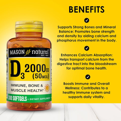 MASON NATURAL Vitamin D3 2,000 IU Ultra Strength, Supports Bone Density & Immune Health, 60 Softgels, 3 Pack