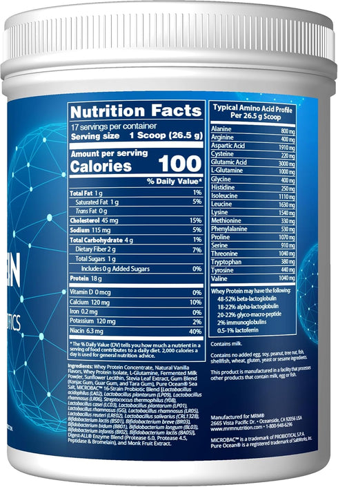 Whey Protein MRM Nutrition | Vanilla Flavored | 18g Protein | with Probiotics + Digestive Enzymes | 17 Servings