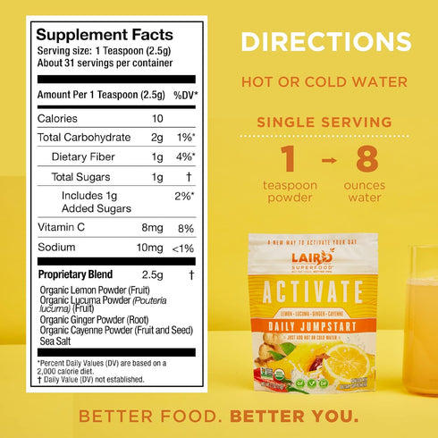 Laird Superfood Morning Jumpstart Powder Supplement, Lemon, Lucuma, Ginger, Cayenne Cleanse, Organic, 2.7 Oz Bag