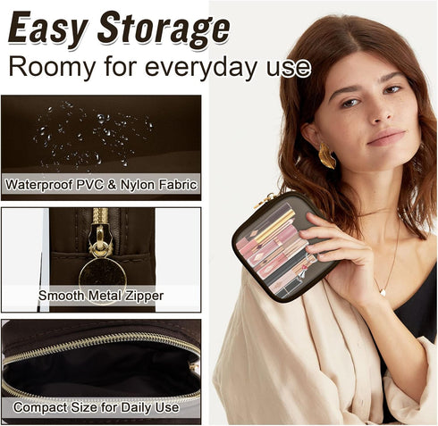 Nylon Mini Clear Makeup Organizer Bag, Small Cute Black Cosmetic Zipper Pouch for Women, Waterproof Travel Storage