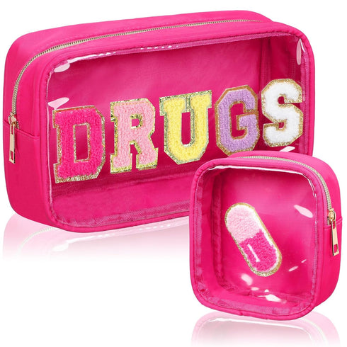 Hillban 2 Pcs Chenille Letter Medicine Bag, Preppy Clear Makeup Meds Travel Pouch Set, PVC Cosmetic Bag for School