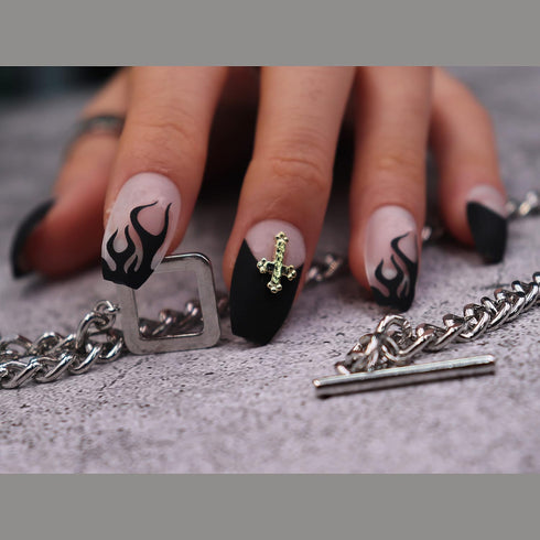 MISUD Medium Coffin Press on Nails, Goth Black Flame Fake Nails, Matte Glue on French Tip Acrylic Nails, 24 pcs