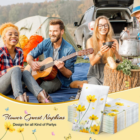 100 Pcs Floral Guest Napkins - 3 Ply Yellow Flower Paper Napkins, Decorative Disposable Hand Towels for Parties