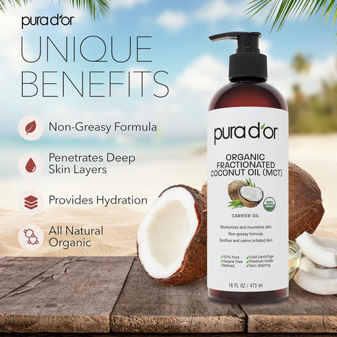 PURA D'OR 16 Oz ORGANIC Fractionated Coconut Oil - 100% Pure & Natural Cold Pressed Carrier Oil for Skin