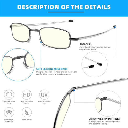 Reading Glasses Blue Light UV Blocking - Compact Foldable Spring Hinge Readers for Men Women, 2 Pack Black/Gunmetal.