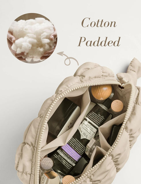 Quilted Makeup Bag, Travel Toiletry Bag for Women, Cute Puffer Makeup Organizer (M, Beige)