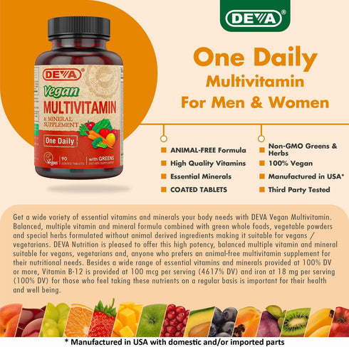 DEVA Vegan Multivitamin & Mineral Supplement | 90 Count | High Potency Vegan Formula with Green Whole Foods, Veggies,