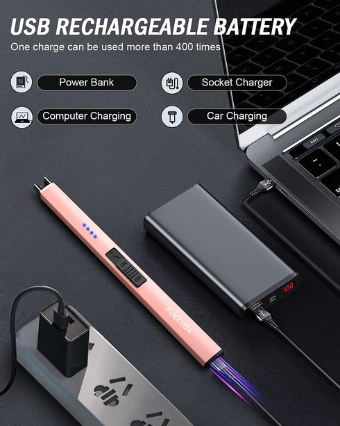 FUKKUDA Electric Candle Lighter with Safety Switch, USB Rechargeable Windproof Plasma Arc Lighter (Rose Gold)