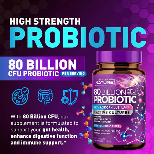 80 Billion CFU Probiotic - Daily Digestive Supplement for Men & Women, Non-GMO, Gluten & Dairy Free, 60 Capsules