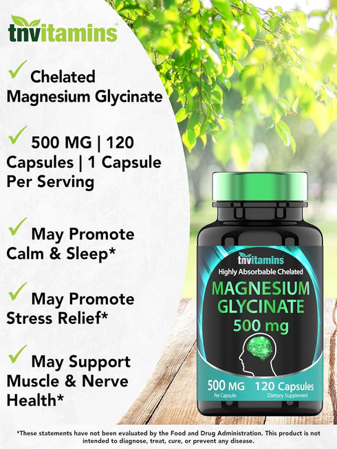 Magnesium Glycinate 500mg Per Capsule, 120 Count, Pure Chelated Supplement for Sleep, Calm, Joint Support