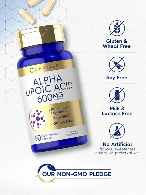 Carlyle Alpha Lipoic Acid 600mg with Biotin Optimizer, 90 Capsules, Non-GMO & Gluten Free Supplement
