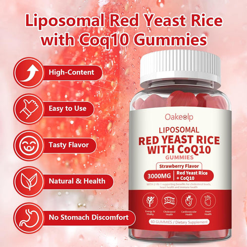 Oakevlp 2 Pack 10 3000mg Gummies,Organic 10 98% Liposomal Red Yeast Rice with Coq Red Yeast Rice Cholesterol Lowering