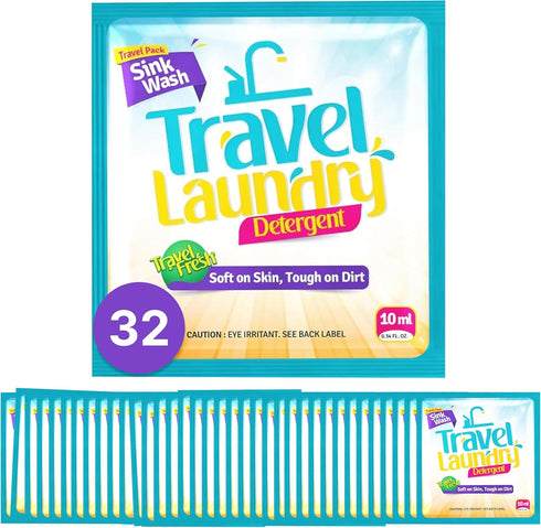 Skywin Travel Laundry Detergent, 10 ml, 32 Pack, Effective Travel Detergent Packets for Sink Washing.