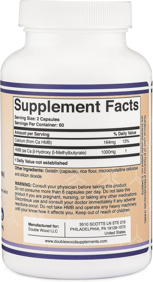 Double Wood Supplements HMB Supplement, Third Party Tested, Non-GMO, Gluten Free, 120 Capsules, 1000mg per Serving