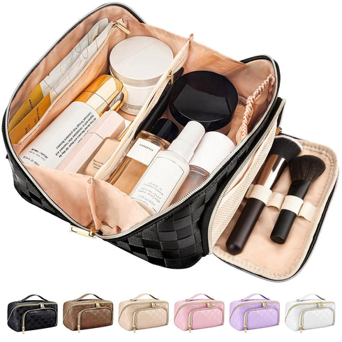 stona Travel Makeup Bag for Women, Large Capacity Waterproof Checkered Cosmetic Organizer with Divider and Handle, Black