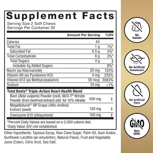 FORCE FACTOR Total Beets Ultimate Heart Health Blood Pressure Support Chews with CoQ10, Beet Root Powder, Grape Seed