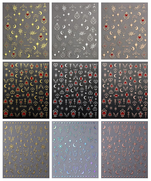 JMEOWIO 9 Sheets Moon Star Nail Art Stickers Decals Self-Adhesive Sun Nail Supplies for Decoration Accessories