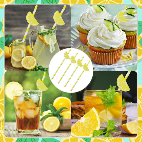 Summer Lemon Paper Straws - Lemon Drinking Straws, DIY Decorative Yellow Striped Citrus Fruit Themed Party Straws