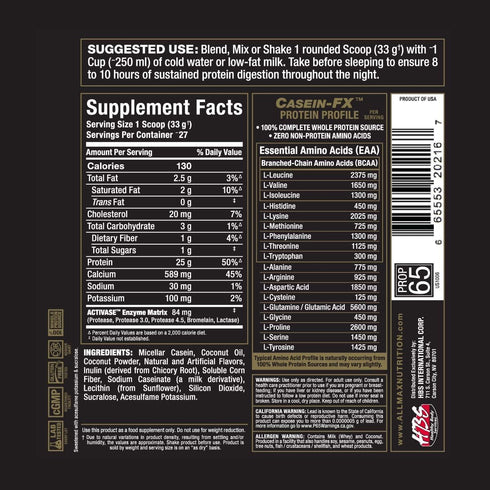 ALLMAX CASEIN-FX Protein, Vanilla - 2 lb, 25 Grams Slow-Release Protein Per Scoop, Low Carb, 27 Servings