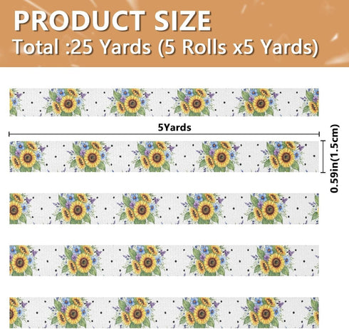 YKZEYK 1/2" 25 Ribbon for Gift Wrapping Sunflowers Flowers White Print Fabric Ribbon Yards, Thick Gift Wrap Ribbons