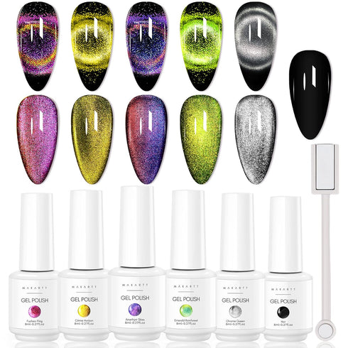 Makartt Gel Nail Polish, Magnetic Cat Eye 9D Black Hole Gel Polish with 6 Colors and Magnet Stick