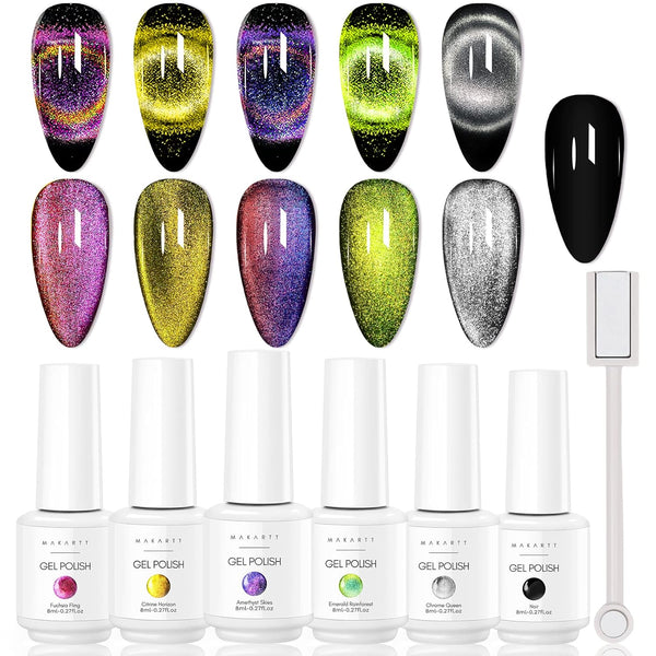 Makartt Gel Nail Polish, Magnetic Cat Eye 9D Black Hole Gel Polish with 6 Colors and Magnet Stick