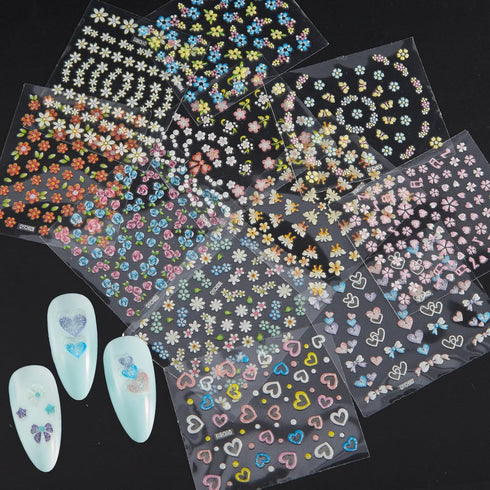 WOKOTO 50Pcs Self-Adhesive 3D Flower Nail Stickers, Floral Nail Decals for Women, Girls, Kids Nail Art with Tweezers